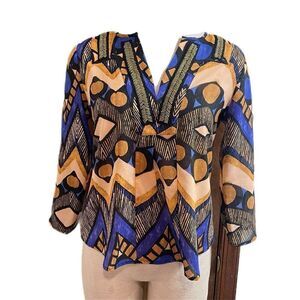 Collective Concepts Beaded Flowy Top Blouse Womens Small Blue Purple Tan Gold
